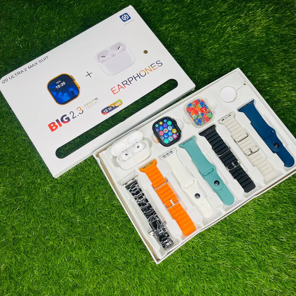 i20 Ultra 2 Max Smartwatch Combo β 10-in-1 Deal with 7 Straps & AirPods Pro 2 - Tech Aura