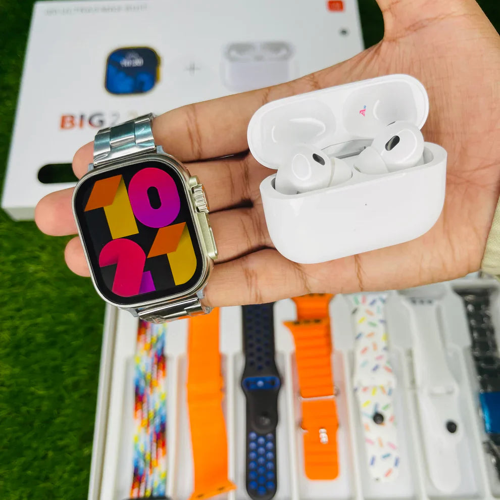 i20 Ultra 2 Max Smartwatch Combo – 10-in-1 Deal with 7 Straps & AirPods Pro 2 - Tech Aura